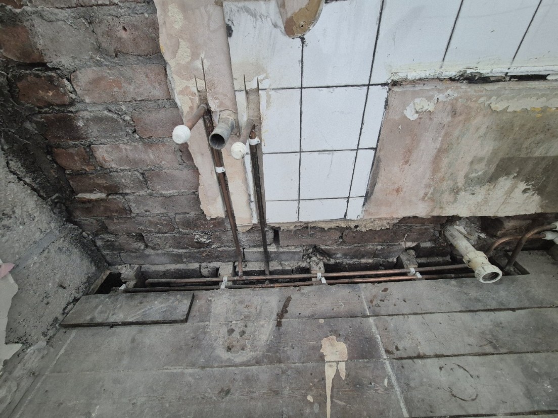 Hot and cold copper supplies run and positioned for the new bathroom fittings